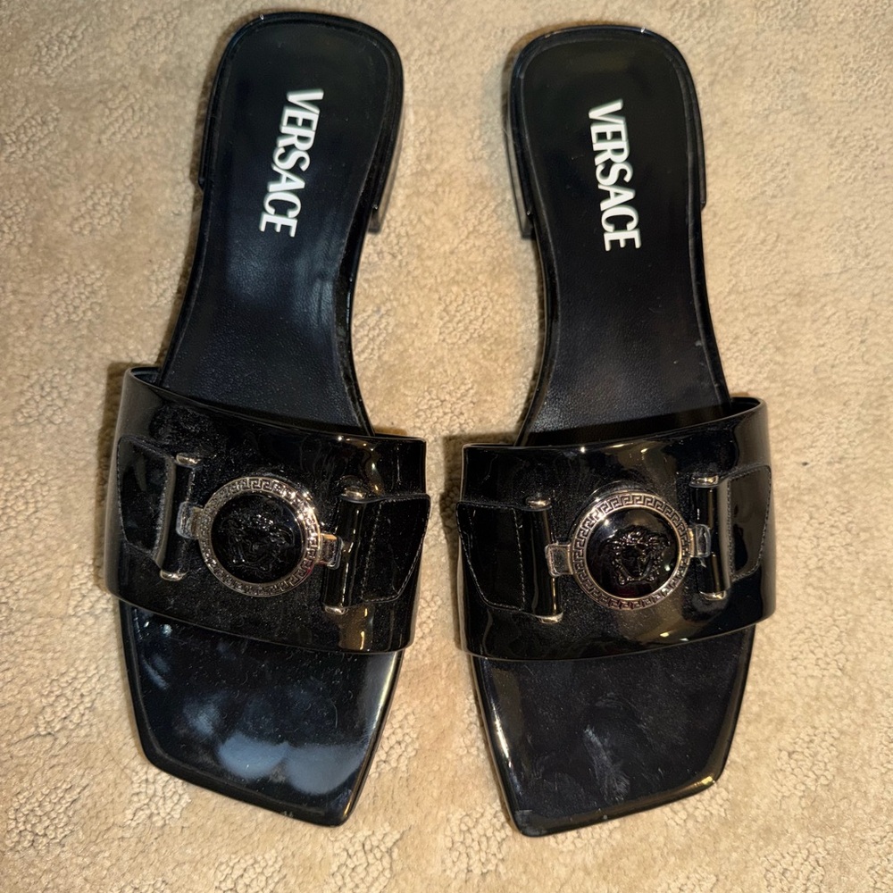 Versace Black Patent Slide Sandals with Medusa Medallions